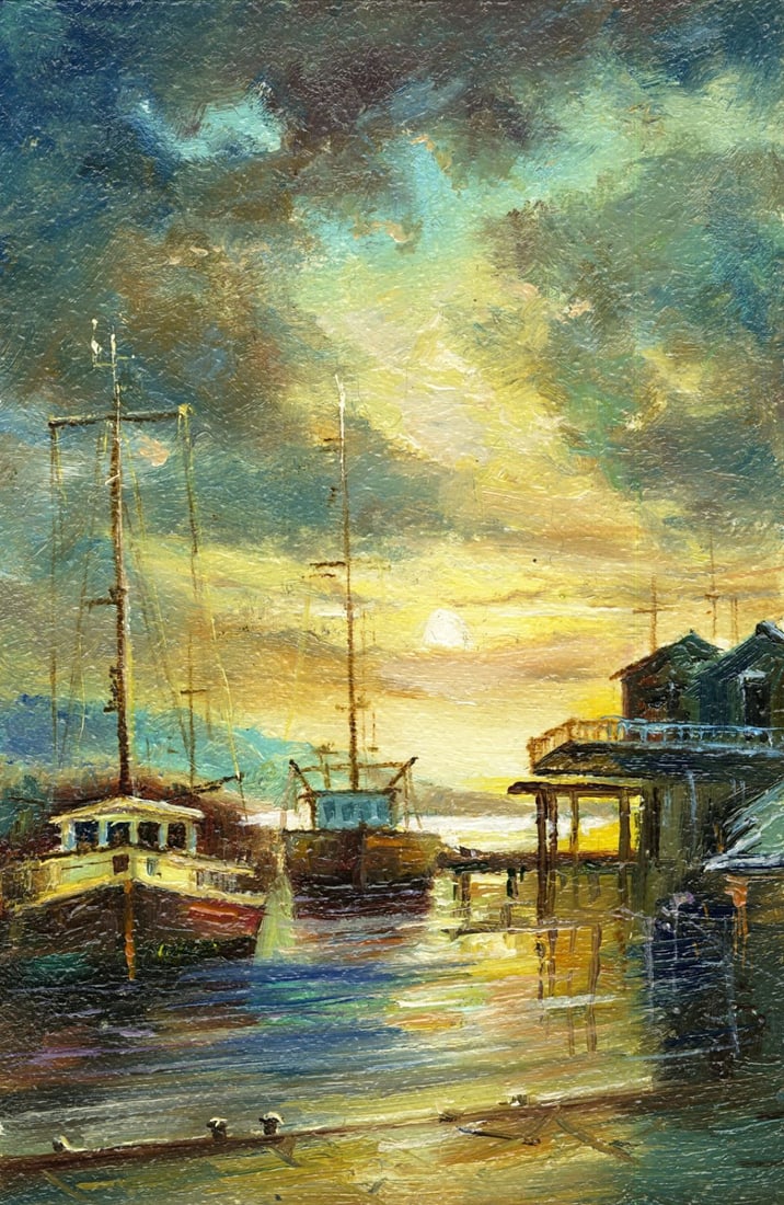 Sergey Kozachkin (Ukraine,b 1965) oil painting: ARTIST: Sergey Vasilievich Kozachkin (Ukraine, born 1965) TITLE: Sunset Harbor Scene with Boats MEDIUM: oil on board CONDITION: Very good. No visible inpaint under UV light.