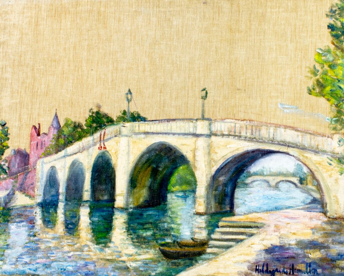Hildegarde Hamilton (FL,VA,1898-1970) oil painting: ARTIST: Hildegarde Hume Hamilton (Florida, Virginia, 1898 - 1970) TITLE: Bridge Cityscape MEDIUM: oil on canvas CONDITION: Unstretched (In-House stretching available) (In-