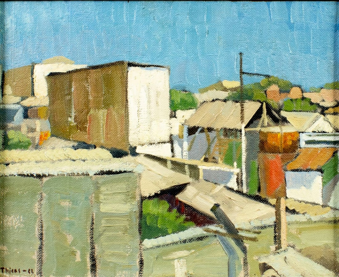 Thiers (US,mid 20C) oil painting: ARTIST: Thiers (American, mid 20 century) TITLE: Cityscape YEAR: 1962 MEDIUM: oil on board CONDITION: Very good. No visible inpaint under UV light. Wear