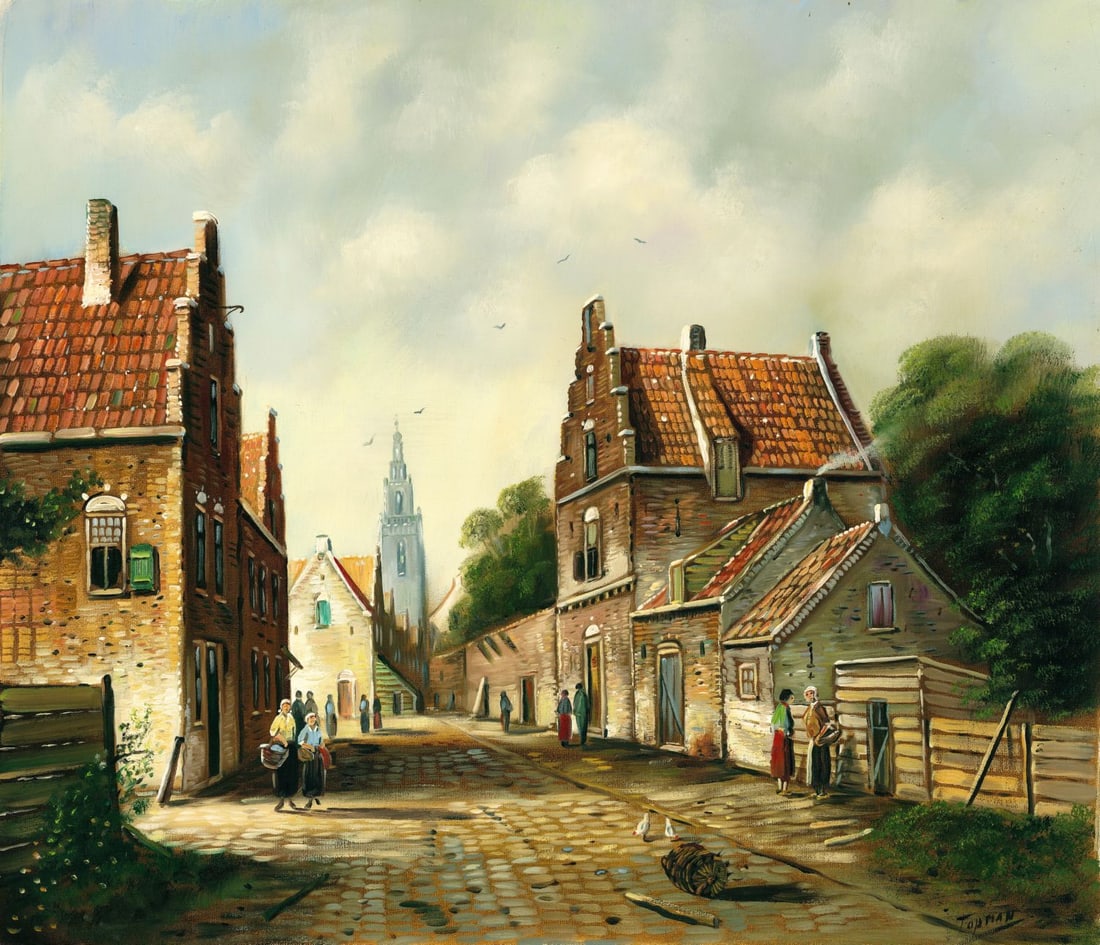 H J Topman (Dutch,1907-?) oil painting: ARTIST: H J Topman (Netherlands, 1907 - ???) TITLE: Dutch Cityscape MEDIUM: oil on canvas CONDITION: Unstretched (In-House stretching available) (In-House stretching avail