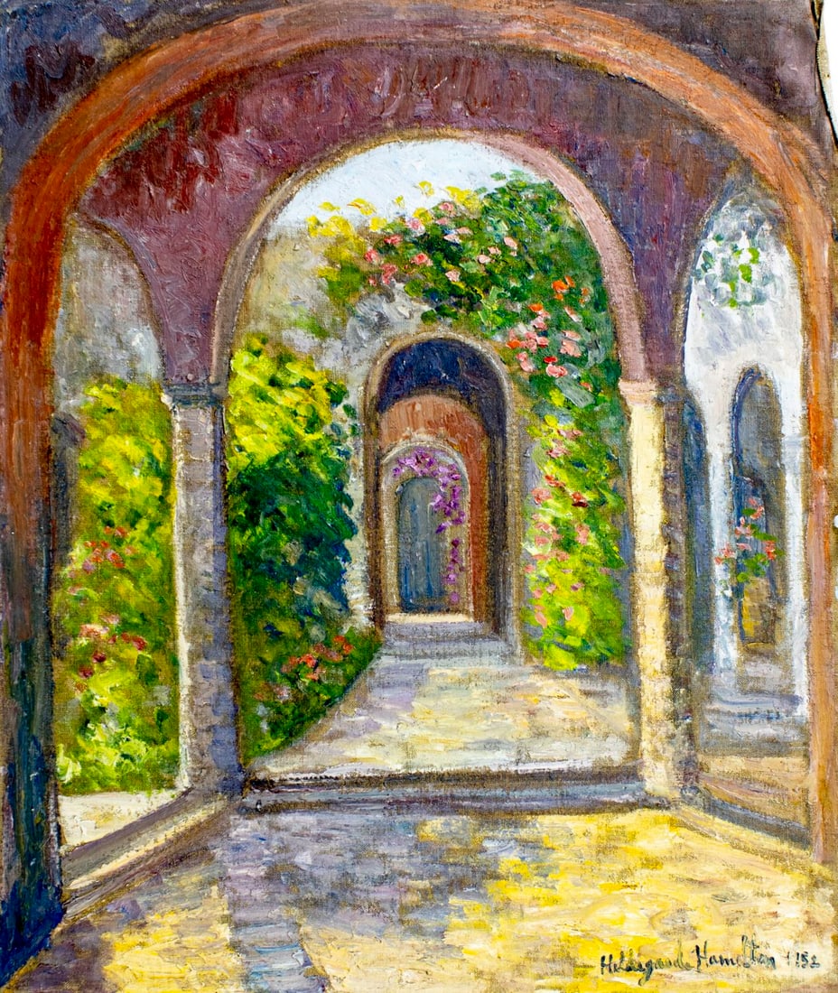 Hildegarde Hamilton (FL,VA,1898-1970) oil painting: ARTIST: Hildegarde Hume Hamilton (Florida, Virginia, 1898 - 1970) TITLE: Oaxaca Cityscape, Mexico YEAR: 1952 MEDIUM: oil on canvas CONDITION: Unmounted