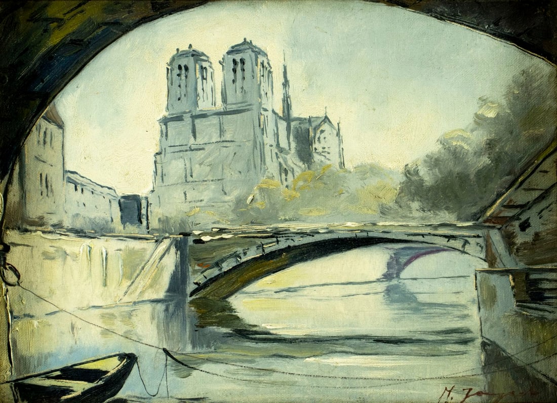 Vintage 20C French oil painting signed: ARTIST: - (France, 20 century) TITLE: Notre Dame Cathedral Cityscape, Paris MEDIUM: oil on canvas. Canvas applied to board. CONDITION: Overall good. No visible inpaint und