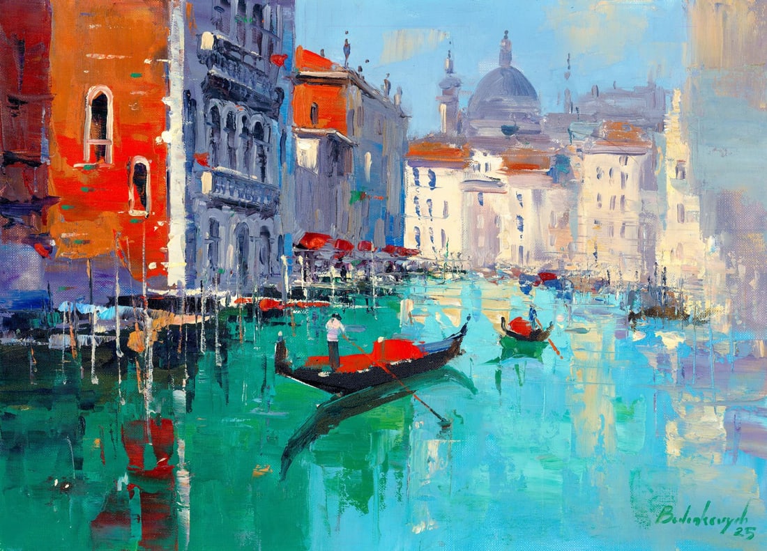 Volodymyr Budenkevych (Ukraine,20/21C) oil painting: ARTIST: Volodymyr Budenkevych (Ukraine, 20/21 centuries) TITLE: Vanice Cityscape MEDIUM: oil on heavy paper CONDITION: Very good. No visible inpaint under UV light.