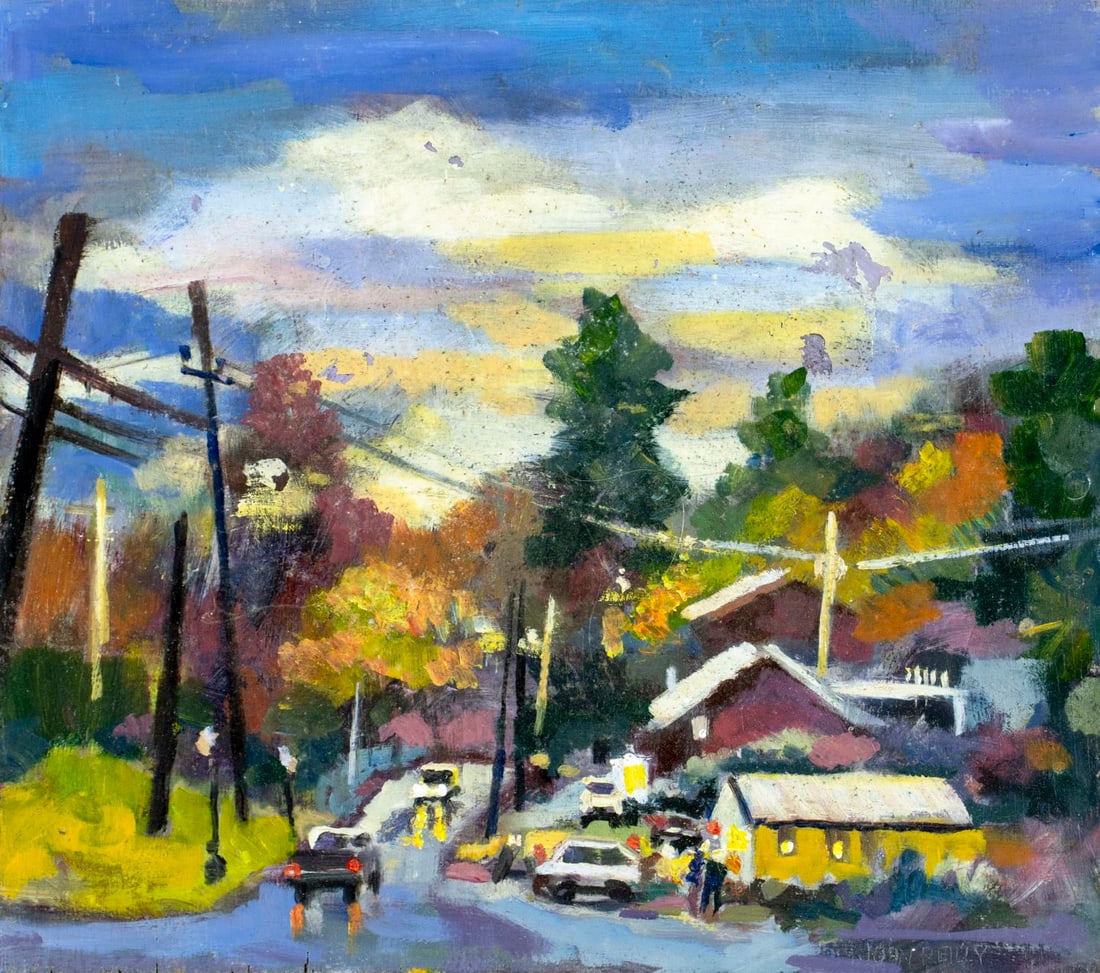 John Reilly (NY,NJ,1942-2021) oil painting: ARTIST: John Reilly (New York, New Jersey, 1942 - 2021) TITLE: Califon Street Scene, NJ (titled on verso) MEDIUM: oil on board CONDITION: Some paint losses. No visible inp