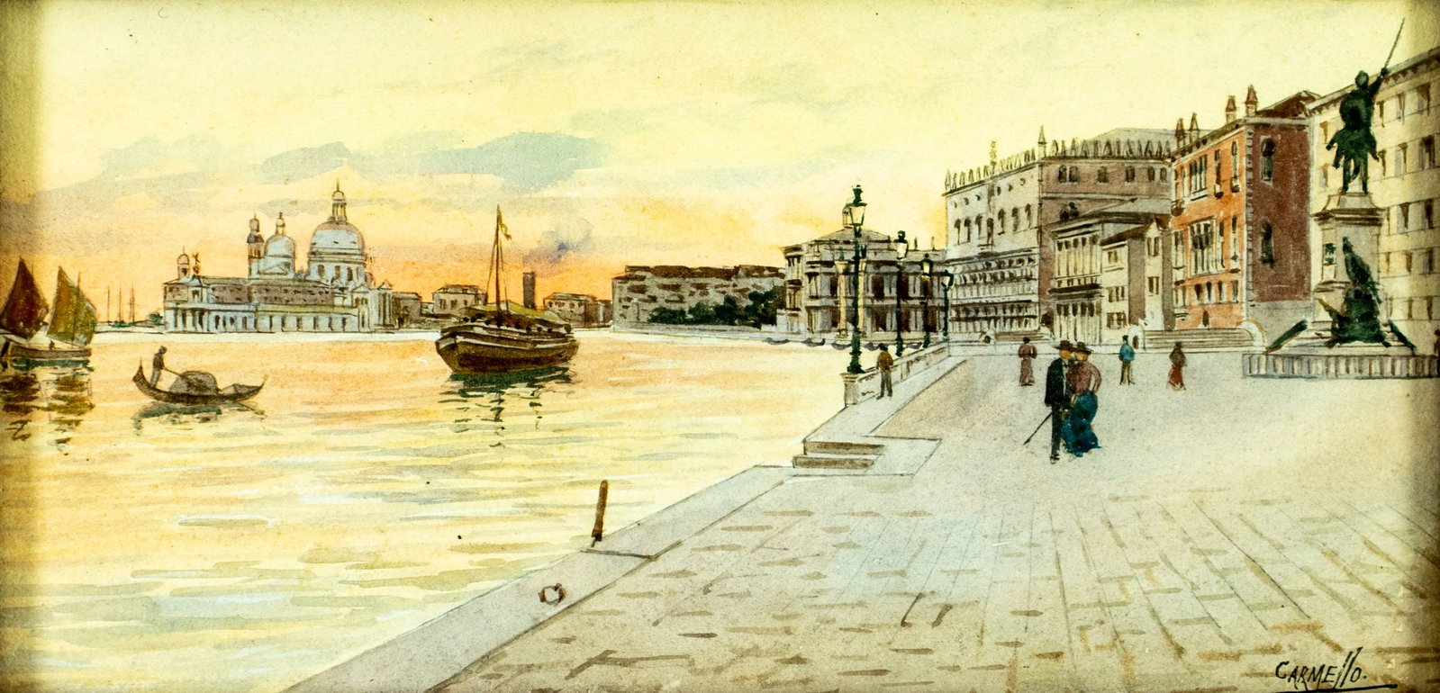Carmello (Italy,early 20C) watercolor painting antique: ARTIST: Carmello (Italian, early 20 century) TITLE: Venice Cityscape MEDIUM: watercolor on paper CONDITION: Some age toning. Framed under glass. Wear to frame. AR