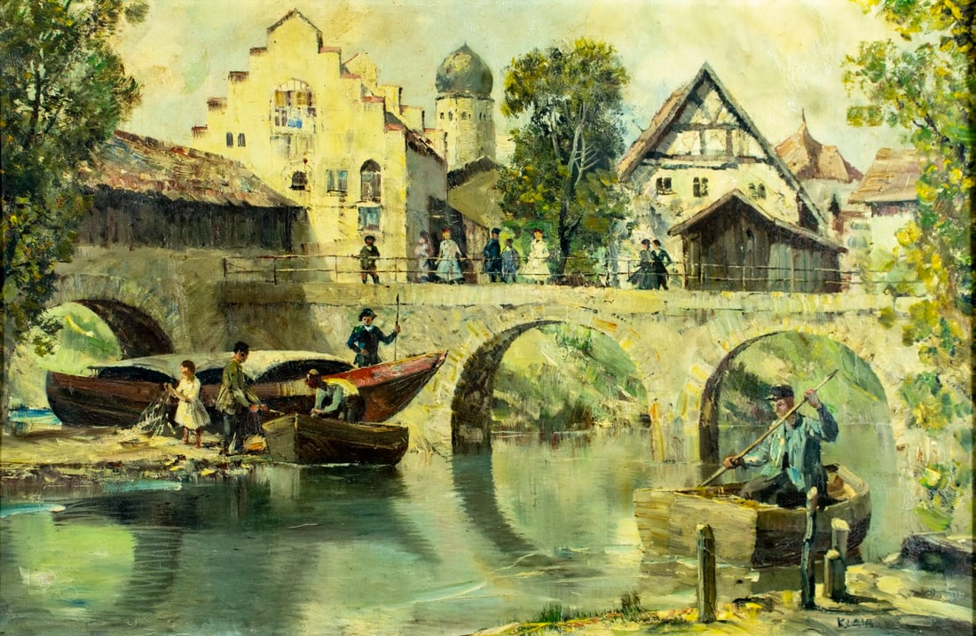 Vintage mid 20C European oil painting signed: ARTIST: - (Europe, mid 20 century) TITLE: European Canal Cityscape with Boats MEDIUM: oil on canvas CONDITION: One repaired tear. Some paint losses. Some craquelure. No visi