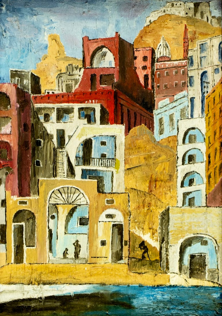 Vintage mid 20C American oil painting: ARTIST: - (American, mid 20 century) TITLE: Coastal Cityscape MEDIUM: oil on canvas board CONDITION: Few small paint losses. Very minor craquelure. No visible inpaint unde