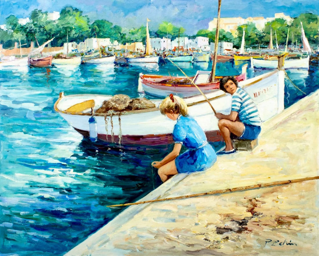 P Betrin (Europe,20C) oil painting: ARTIST: P Betrin (European, 20 century) TITLE: Harbor Scene MEDIUM: oil on canvas CONDITION: Unstretched (In-House stretching available) (In-House stretching available). Ove