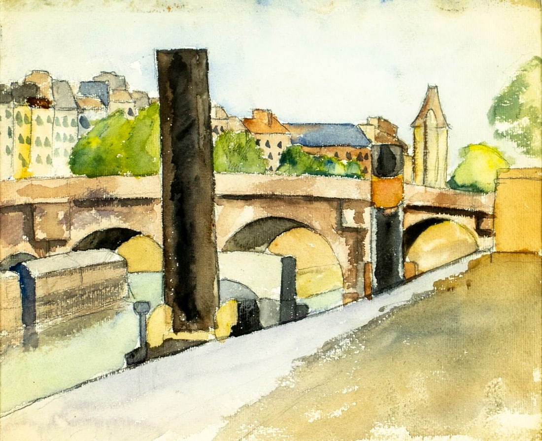 Albert Kotin (NY,1907-1980) watercolor painting: ARTIST: Albert Kotin (New York, 1907 - 1980) TITLE: Paris Cityscape with Bridge, France MEDIUM: watercolor on paper CONDITION: Minor age toning. Framed under glass. Wear to