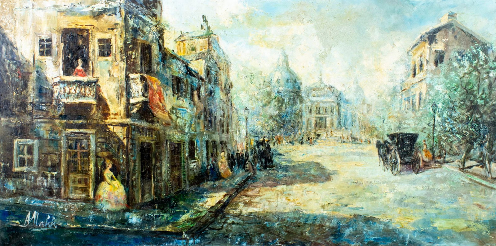 Americo Makk (Hawaii,NY,Hungary,1927-2015) oil painting: ARTIST: Americo Makk (Hawaiian, New York, Hungarian, 1927 - 2015) TITLE: Cityscape MEDIUM: oil on canvas CONDITION: One small patch. Few minor paint losses. Some craquelu