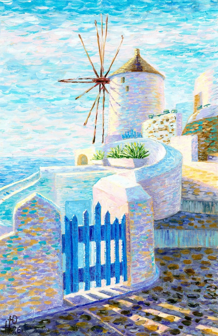 Yulia Novikova (Ukraine,20/21C) oil painting: ARTIST: Yulia Novikova (Ukraine, 20/21 centuries) TITLE: Santorini Cityscape with Windmill, Greece MEDIUM: oil on heavy paper CONDITION: Very good. No visible inpaint under