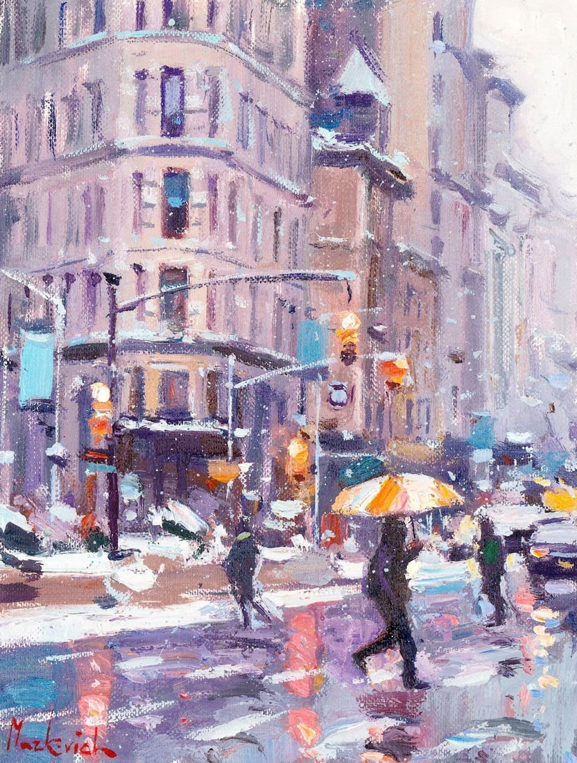 Olena Markovych (Ukraine,b 1987) oil painting: ARTIST: Olena Markovych (Ukraine, born 1987) TITLE: Winter Cityscape MEDIUM: oil on heavy paper CONDITION: Very good. No visible inpaint under UV light. ART SIZE: