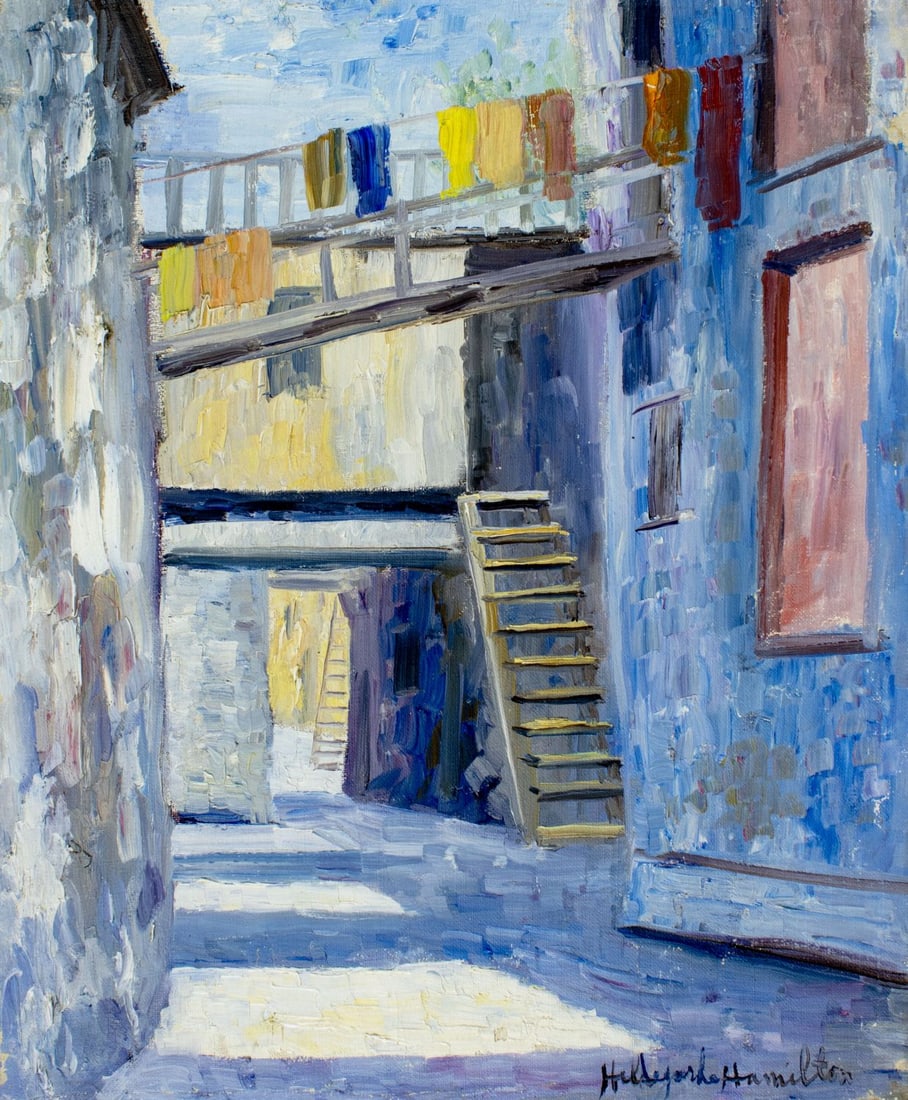 Hildegarde Hamilton (FL,VA,1898-1970) oil painting: ARTIST: Hildegarde Hume Hamilton (Florida, Virginia, 1898 - 1970) TITLE: Cityscape MEDIUM: oil on canvas CONDITION: Some small paint losses mostly along edges. Some craque