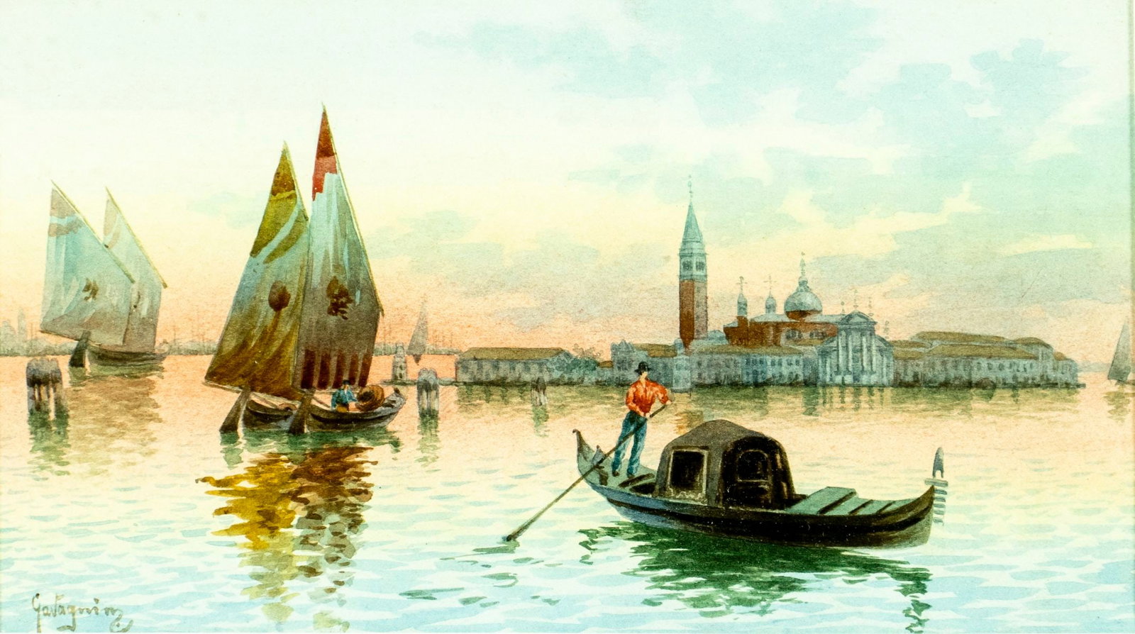 Natale Gavagnin (Italy,1851-1923) watercolor painting antique: ARTIST: Natale Gavagnin (Italian, 1851 - 1923) TITLE: Venice Cityscape MEDIUM: watercolor on paper CONDITION: Overall good. Framed under glass. Minor damages to frame.
