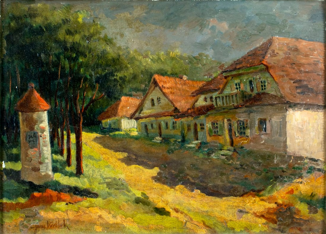 J Krolik (Europe,early 20C) oil painting antique: ARTIST: J Krolik (European, early 20 century) TITLE: Town Scene MEDIUM: oil on board CONDITION: Some scratches/paint losses mostly along edges. Some scattered minor inpainti