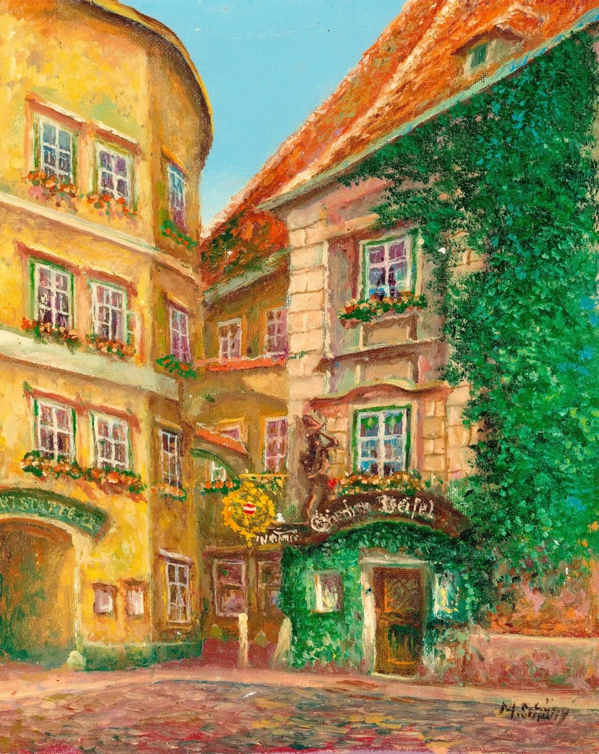 M Schony (German,1913-?) oil painting: ARTIST: M Schony (Germany, 1913 - ???) TITLE: Cityscape - Griechengasse, Wien MEDIUM: oil on canvas CONDITION: Unstretched (In-House stretching available) (In-House stretc