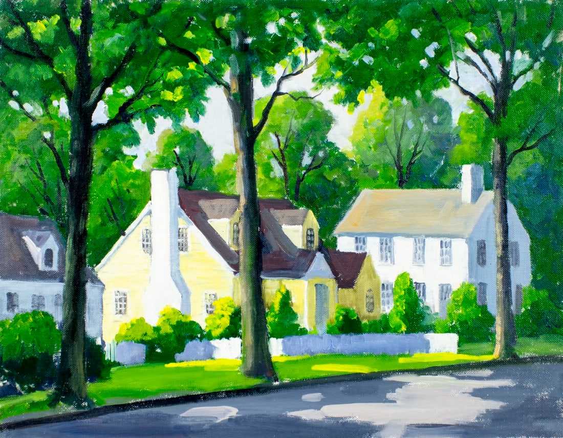 George Holloway (NJ,20C) oil painting: ARTIST: George Holloway (New Jersey, 20 century) TITLE: Town Scene MEDIUM: oil on canvas board CONDITION: Very good. No visible inpaint under UV light. ART SIZE:<