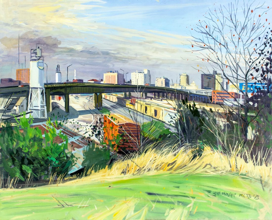 John Manship (NY,1927-2000) oil painting: ARTIST: John Paul Manship (New York, 1927 - 2000) TITLE: Cityscape YEAR: 1975 MEDIUM: oil on canvas CONDITION: Few minor paint losses. No visible inpaint