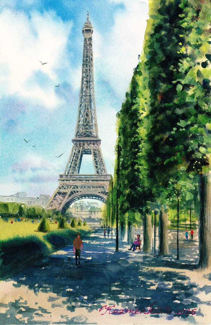 Sofia Kuzmenko (Ukraine,20/21C) watercolor painting: ARTIST: Sofia Kuzmenko (Ukrainian, 20/21 centuries) TITLE: Paris Cityscape, France MEDIUM: watercolor on heavy paper CONDITION: Very good. ART SIZE: 12 x