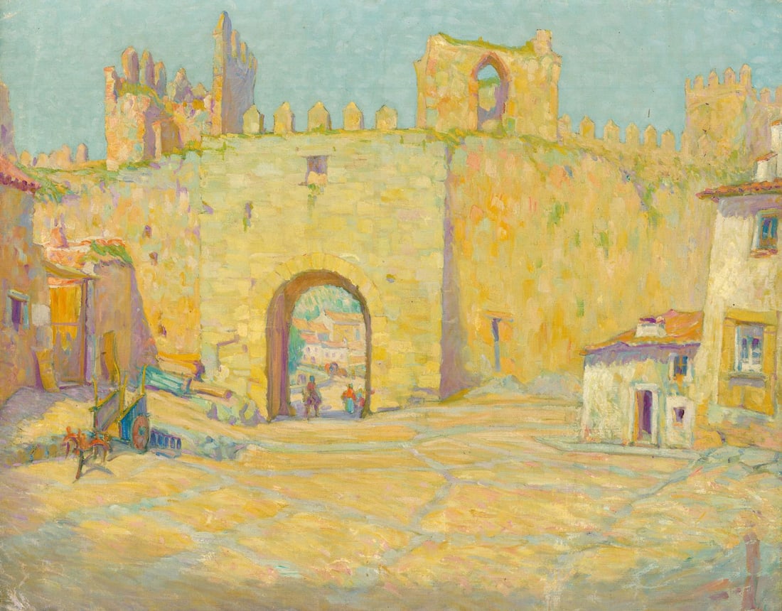 Antique early 20C European oil painting: ARTIST: - (Europe, early 20 century) TITLE: Walled Cityscape with Archway MEDIUM: oil on canvas CONDITION: Unstretched (In-House stretching available). Some paint losses (se
