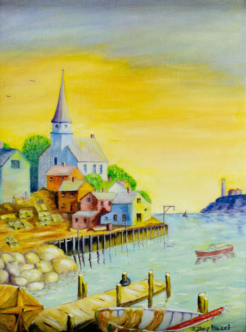 John A Martucci (NY,mid 20C) oil painting: ARTIST: John A Martucci (New York, mid 20 century) TITLE: Fishermens Cove YEAR: 1969 MEDIUM: oil on canvas board CONDITION: Very good. No visible inpaint