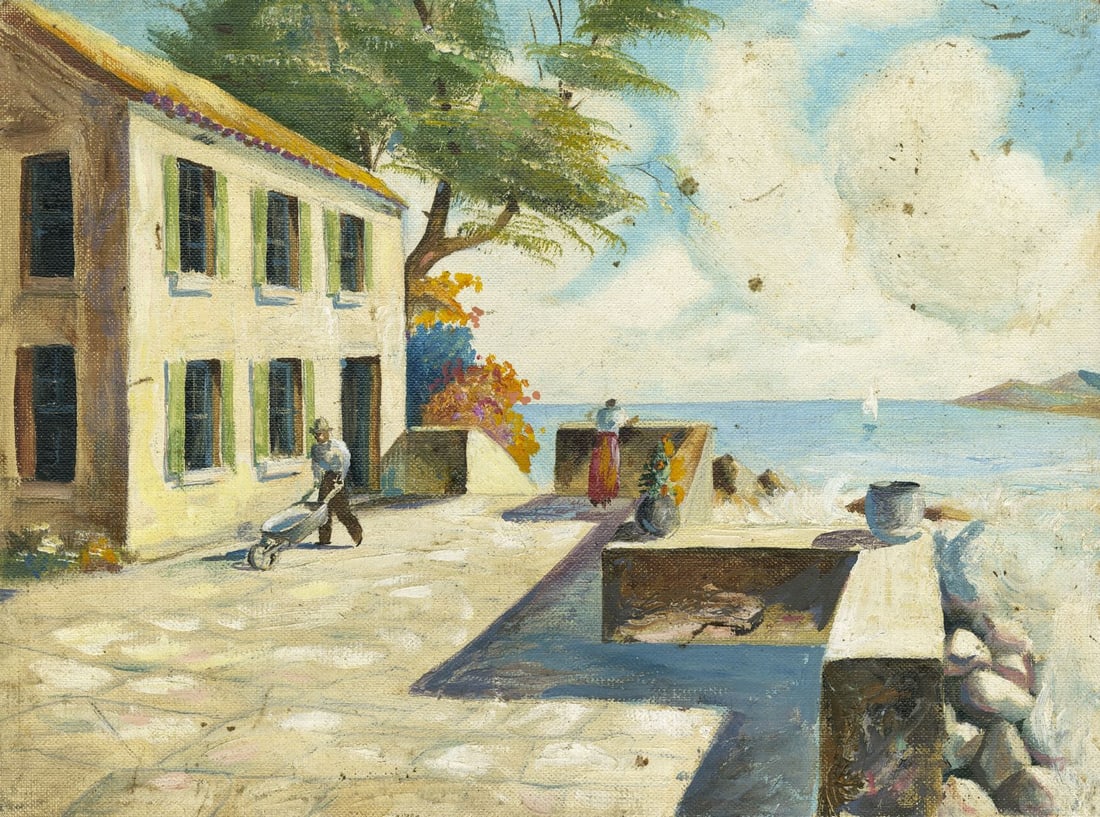 S Grayson (US,mid 20C) oil painting: ARTIST: S Grayson (United States, mid 20 century) TITLE: Coastal Cityscape with Figures MEDIUM: oil on canvas board CONDITION: Some small damages to the corners. Some small