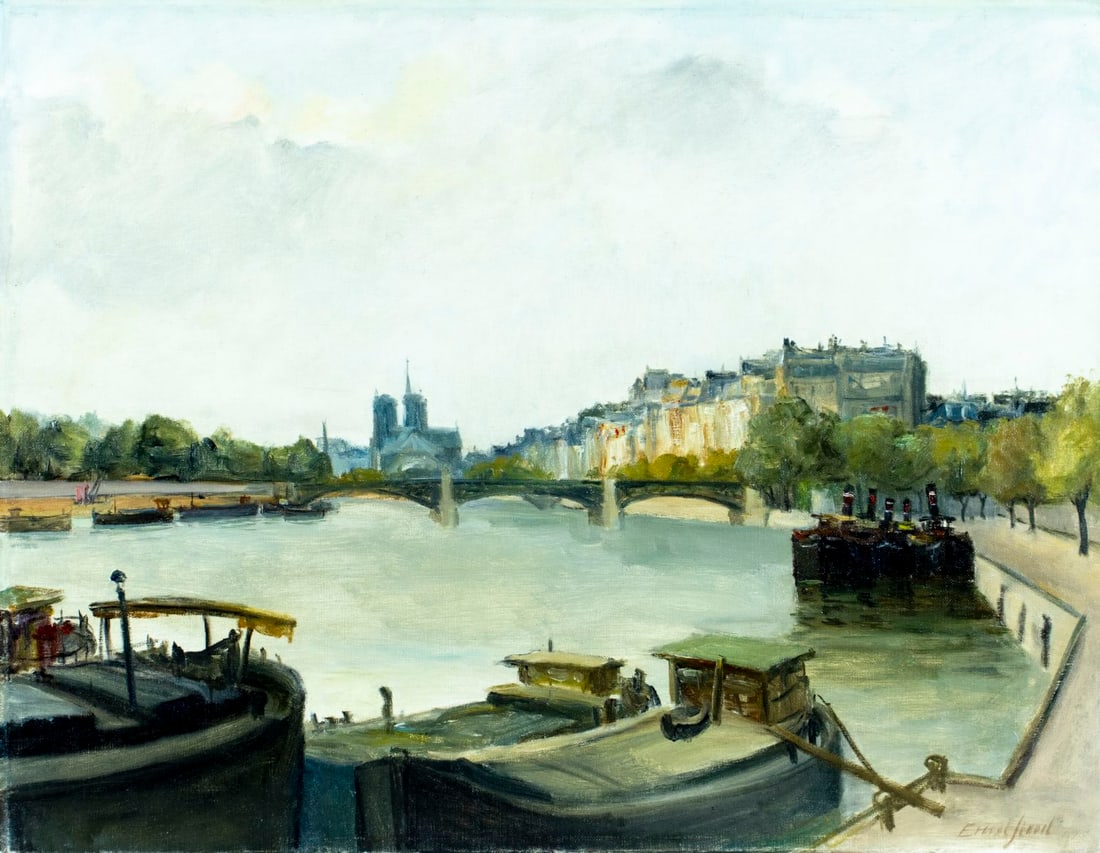 Vintage mid 20C French oil painting signed: ARTIST: - (France, mid 20 century) TITLE: Paris Cityscape, France MEDIUM: oil on canvas CONDITION: Some nail holes to edges. No visible inpaint under UV light. Normal wear
