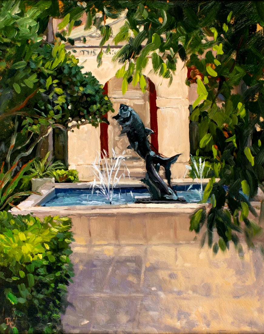 Vintage 20C European oil painting signed: ARTIST: - (Europe, 20 century) TITLE: Courtyard Fountain Scene MEDIUM: oil on canvas board CONDITION: Very good. No visible inpaint under UV light. ART SIZE: