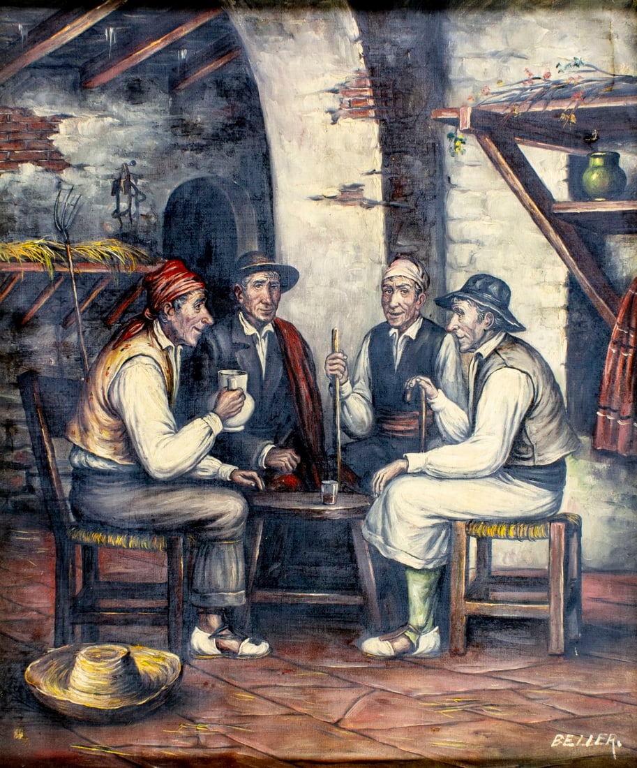 Ignacio Beller (Spain,1916-1984) oil painting: ARTIST: Ignacio Beller (Spanish, 1916 - 1984) TITLE: Siesta MEDIUM: oil on canvas CONDITION: Few small patches. Some small paint losses. Very minor craquelure. No visible