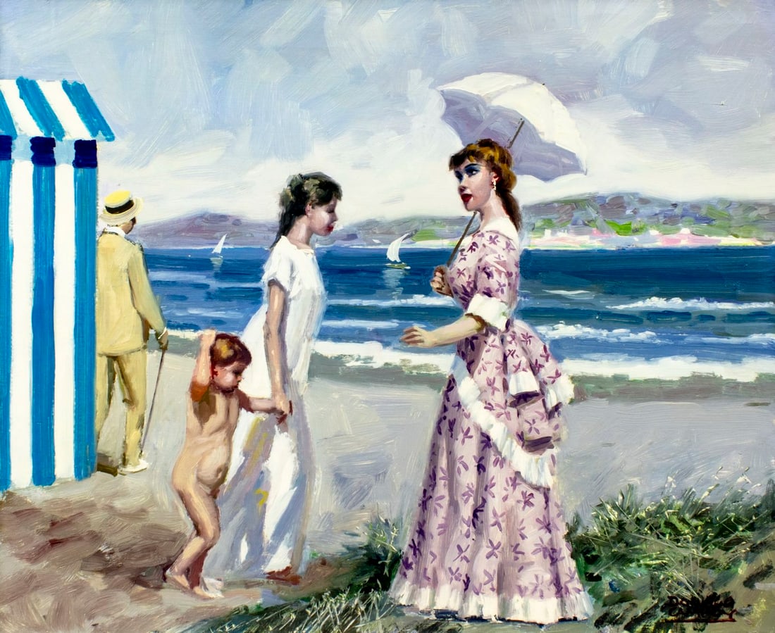 Domingo Campoy (Spain,1926-?) oil painting: ARTIST: Domingo Campoy Montferrer (Spanish, 1926 - ???) TITLE: Beach Scene MEDIUM: oil on canvas CONDITION: Unstretched (In-House stretching available) (In-House stretchin