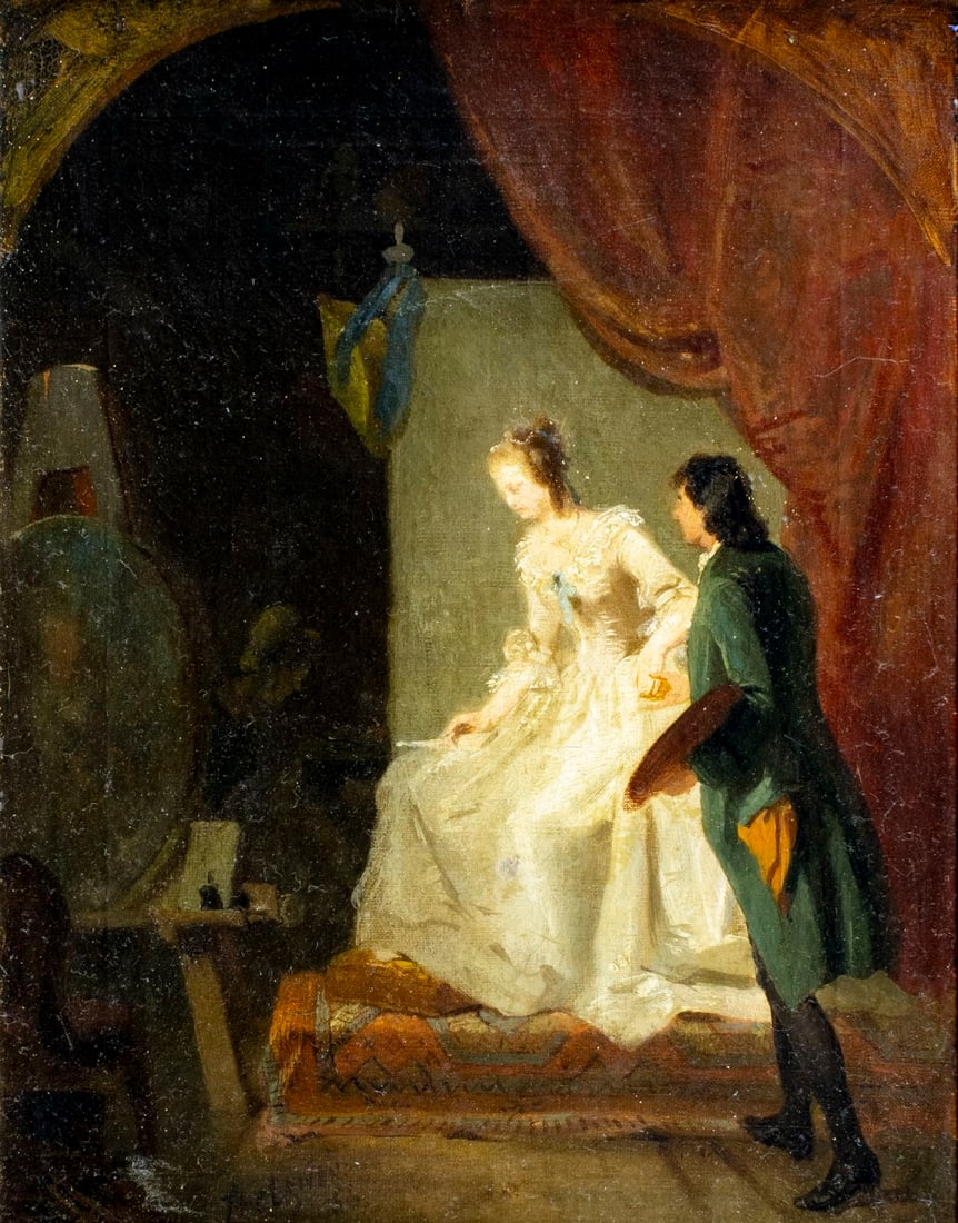 Heinrich Stelzner (German,1833-1910) oil painting antique: ARTIST: Heinrich Stelzner (Germany, 1833 - 1910) TITLE: Lady and Artist MEDIUM: oil on canvas CONDITION: Relined. Few minor paint losses. Some craquelure. Some scattered sma