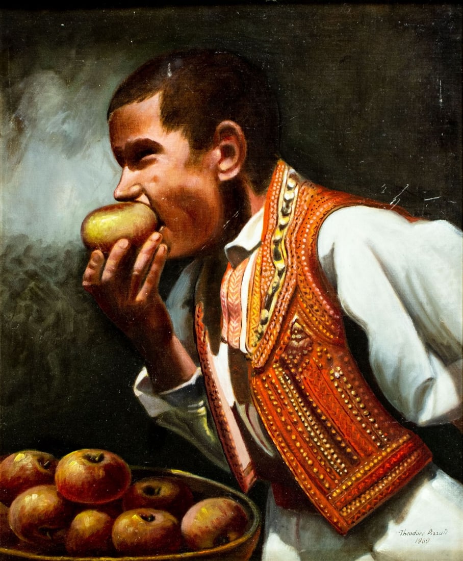 Theodore Pizzuti (Europe,mid 20C) oil painting: ARTIST: Theodore Pizzuti (European, mid 20 century) TITLE: Boy Eating Apple YEAR: 1969 MEDIUM: oil on canvas. Canvas applied to board. CONDITION: Some sc