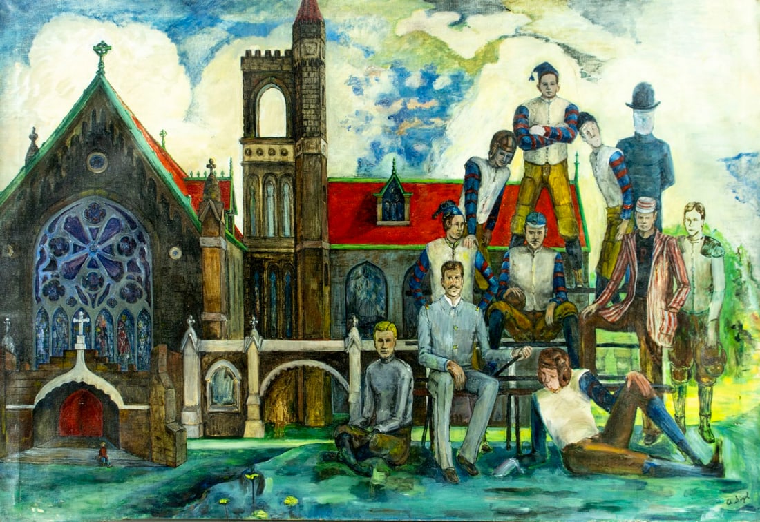 A Sigel (US,mid 20C) oil painting: ARTIST: A Sigel (American, mid 20 century) TITLE: Portrait of Men at Church MEDIUM: oil on canvas CONDITION: Some damages to the corners of canvas. Two nail holes by the edg