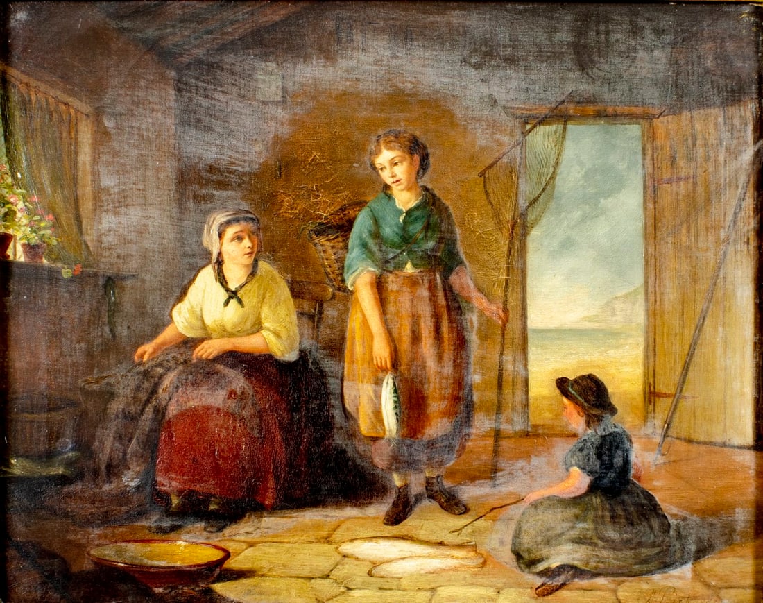 F Richards (UK,19C) oil painting antique: ARTIST: F Richards (United Kingdom, 19 century) TITLE: Interior Scene MEDIUM: oil on canvas CONDITION: Few minor paint losses. Some craquelure. Few scattered minor inpaintin
