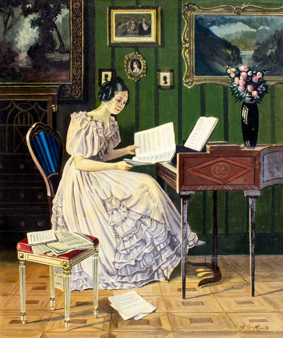 F G Manti (Europe,20C) oil painting: ARTIST: F G Manti (European, 20 century) TITLE: Woman at Piano MEDIUM: oil on canvas CONDITION: Unstretched (In-House stretching available) (In-House stretching available).