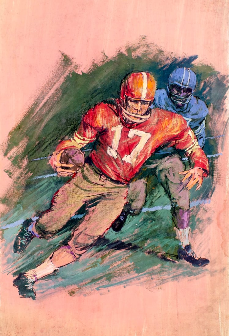 Victor Olson (CT,1924-2007) gouache painting: ARTIST: Victor Olson (Connecticut, 1924 - 2007) TITLE: Football Players MEDIUM: gouache on board CONDITION: Some small damages to edges and corners. Some foxing. Some age