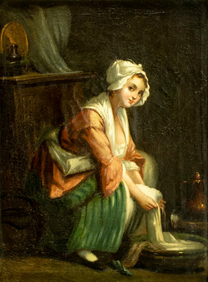 Antique 19C European oil painting: ARTIST: - (Europe, 19 century) TITLE: Woman Washing Linens MEDIUM: oil on canvas CONDITION: Relined. Some small scratches/paint losses. Some craquelure. Some scattered inp