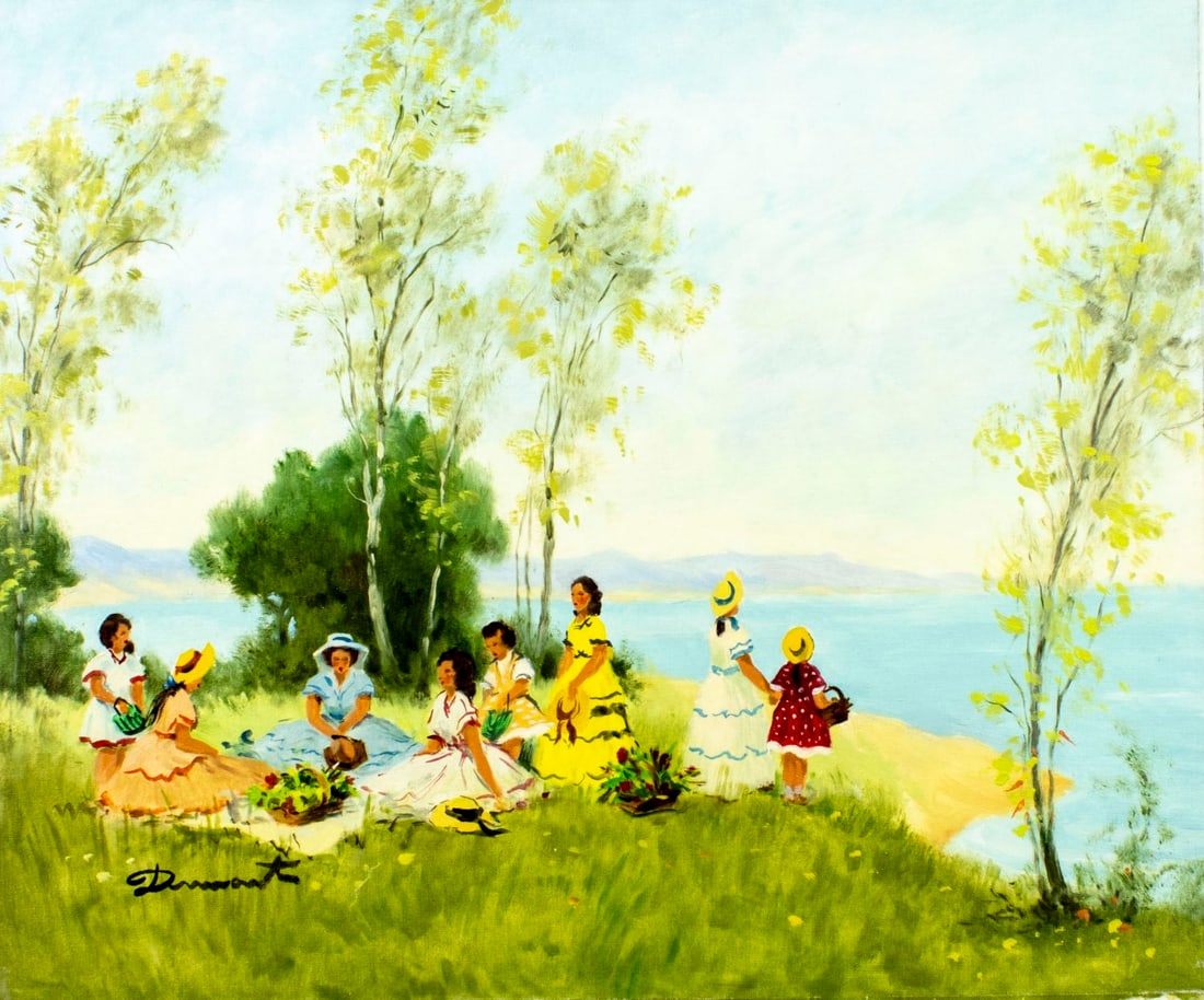 S Dumaret (France,20C) oil painting: ARTIST: S Dumaret (French, 20 century) TITLE: Ladies at Picnic MEDIUM: oil on canvas CONDITION: Unstretched (In-House stretching available) (In-House stretching available).