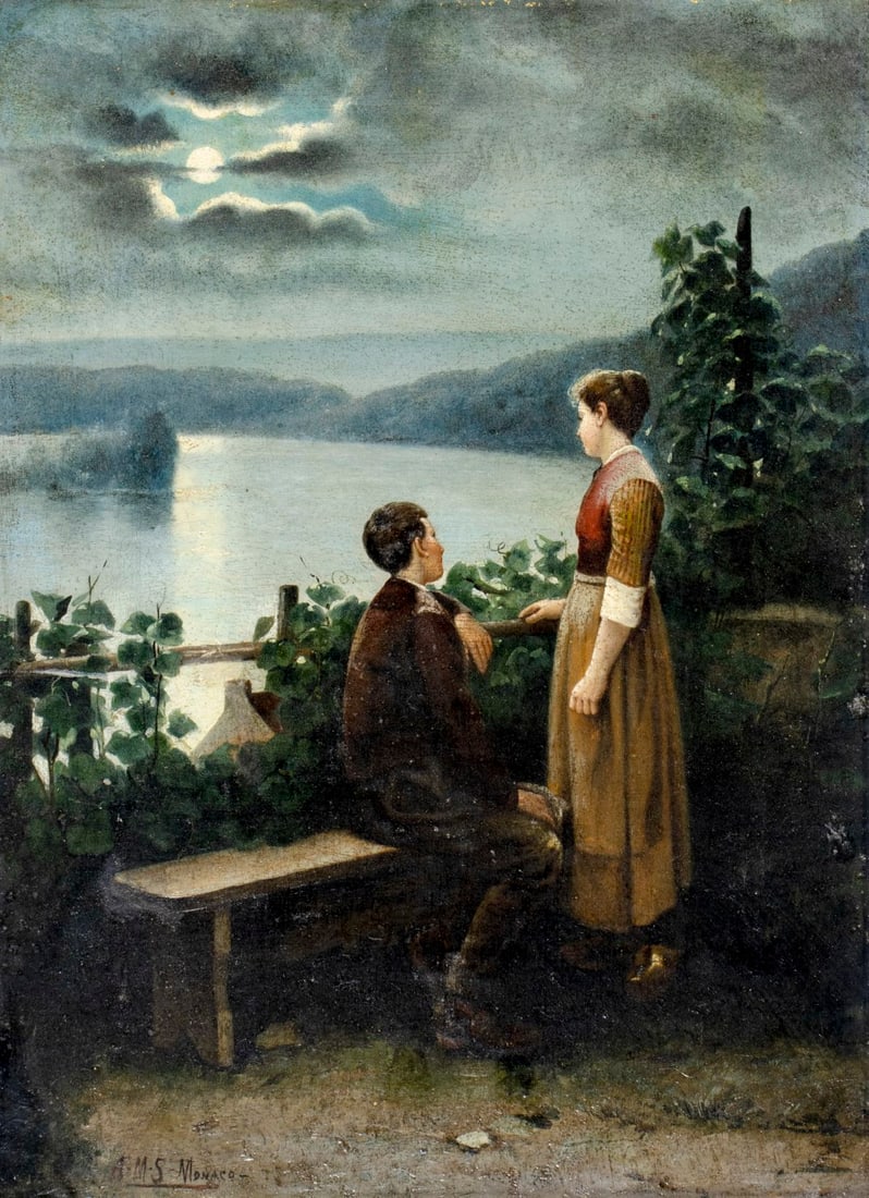 A M S Monaco (Europe,19C) oil painting antique: ARTIST: A M S Monaco (European, 19 century) TITLE: Courting Couple under Moonlight MEDIUM: oil on canvas CONDITION: Some paint losses mostly along edges. Minor craquelure. F
