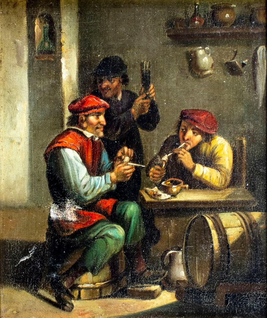 Antique early 20C European oil painting: ARTIST: - (Europe, early 20 century) TITLE: Tavern Scene MEDIUM: oil on canvas CONDITION: One small patch. Some scratches/paint losses (see pictures carefully). Some craqu