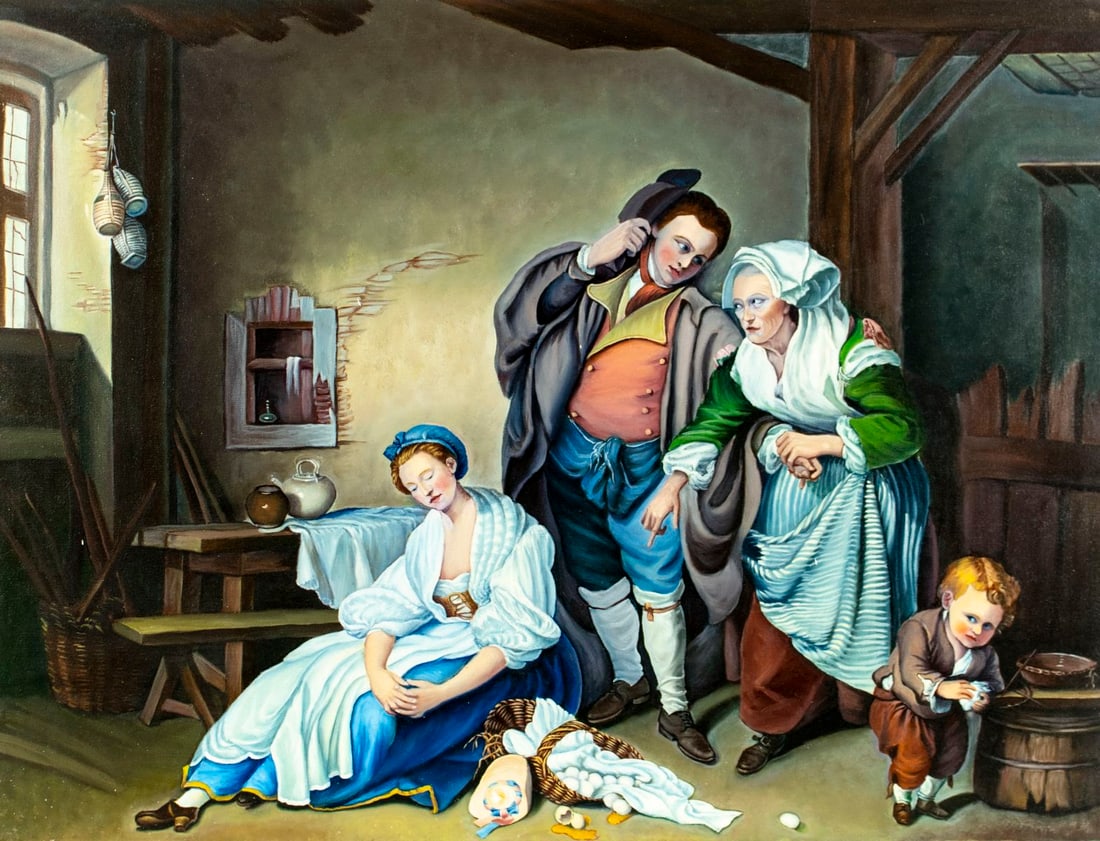 G H Gierke (US,20C) oil painting AFTER Jean Baptiste Greuze: ARTIST: G H Gierke (American, 20 century) AFTER Jean Baptiste Greuze TITLE: Broken Eggs (titled on verso) YEAR: 1980 MEDIUM: oil on canvas CONDITION: Ove