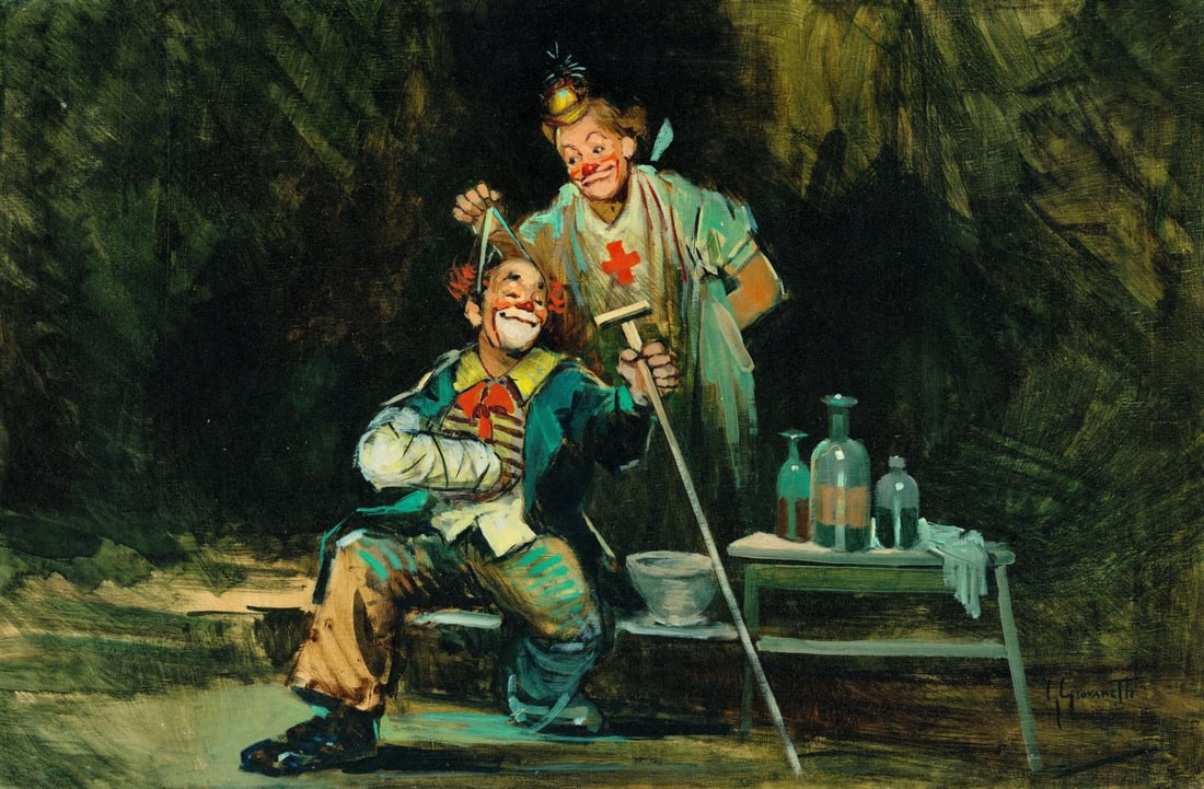 Giordano Giovanetti (Italy,1906-1973) oil painting: ARTIST: Giordano Giovanetti (Italian, 1906 - 1973) TITLE: Two Clowns MEDIUM: oil on canvas CONDITION: Unstretched (In-House stretching available) (In-House stretching avai