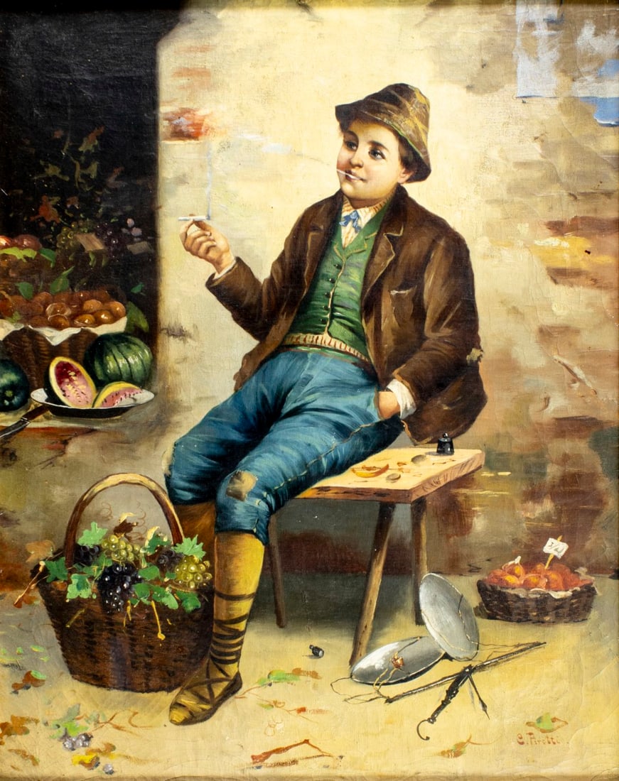 C Pirotti (Italy,19C) oil painting antique: ARTIST: C Pirotti (Italian, 19 century) TITLE: Fruit Seller MEDIUM: oil on canvas CONDITION: Relined. Missing a few flakes of paint. Some craquelure. Some scattered inpainti