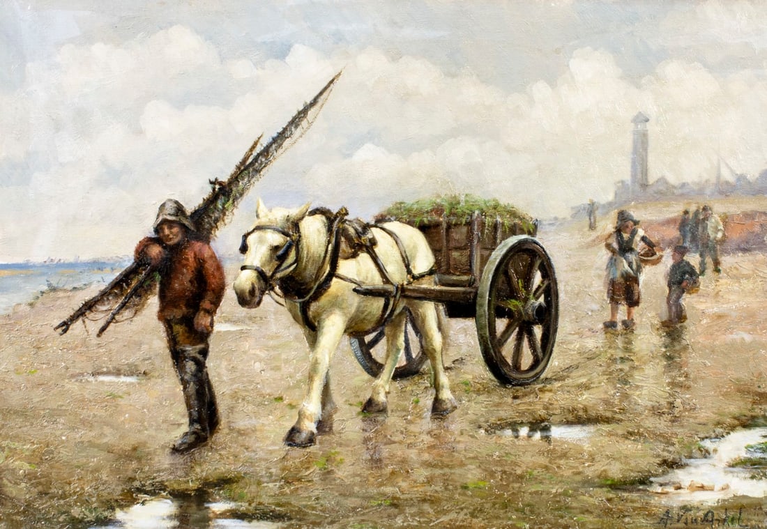 A Van Arkel (Dutch,19C) oil painting antique: ARTIST: A Van Arkel (Netherlands, 19 century) TITLE: Coastal Scene with Seaweed Gatherers MEDIUM: oil on canvas. Canvas applied to board. CONDITION: Few minor paint losses.