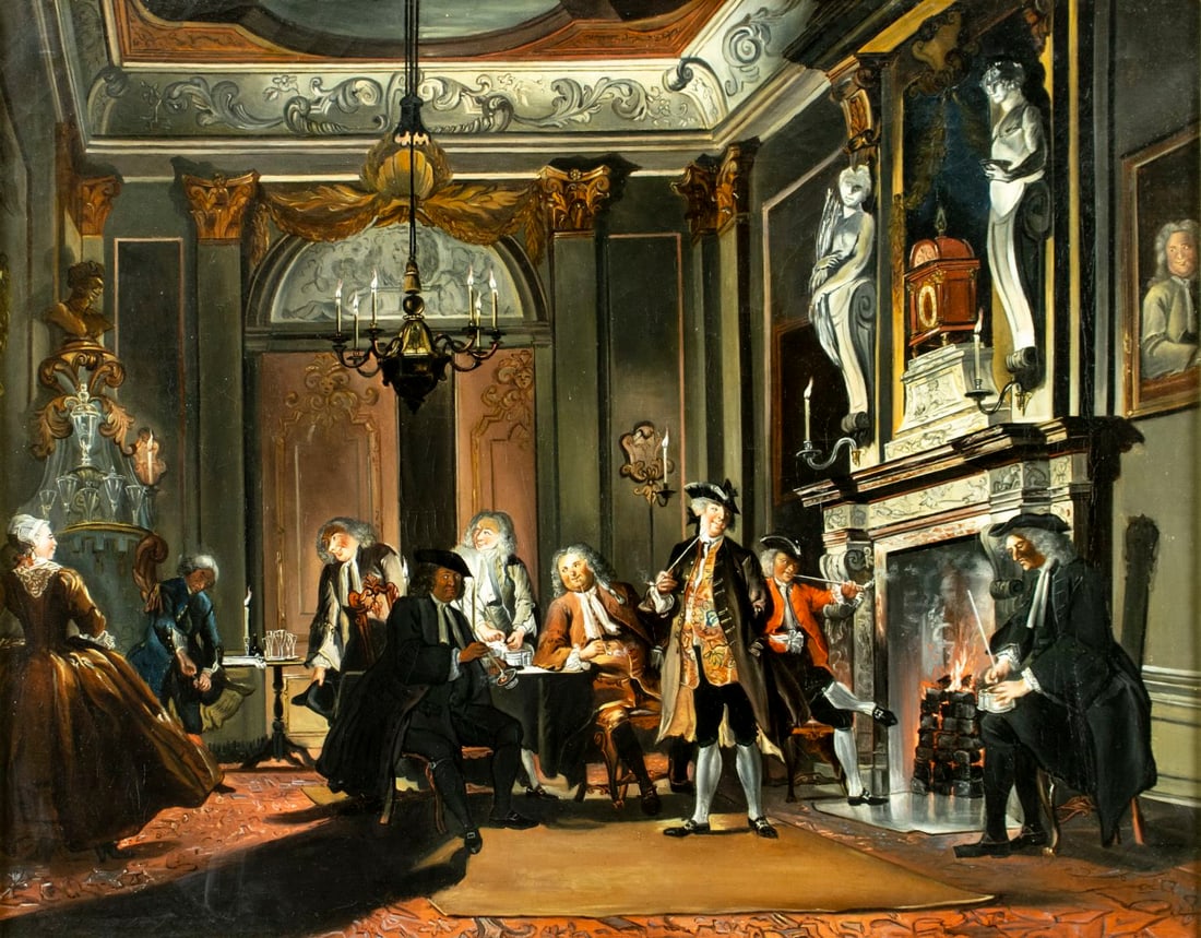 Antique 19C European oil painting AFTER Cornelis Troost: ARTIST: - (Europe, 19 century) AFTER Cornelis Troost (Dutch, 1696 - 1750) TITLE: Nemo Loquebatur MEDIUM: oil on canvas CONDITION: One patch - repaired tear with correspondin