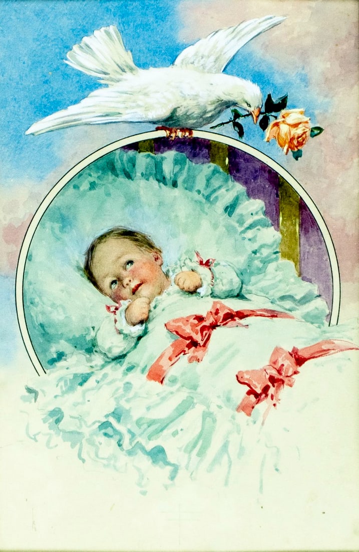 Antique early 20C watercolor painting: ARTIST: - (early 20 century) TITLE: Portrait of Baby with Dove MEDIUM: watercolor on paper CONDITION: Some age toning. Framed under glass. Wear to frame. ART S