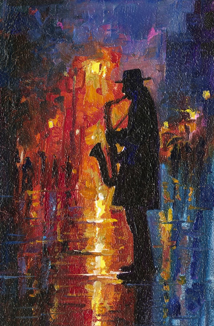 Sergey Kozachkin (Ukraine,b 1965) oil painting: ARTIST: Sergey Vasilievich Kozachkin (Ukrainian, born 1965) TITLE: Man Playing Saxophone MEDIUM: oil on board CONDITION: Very good. No visible inpaint under UV light.