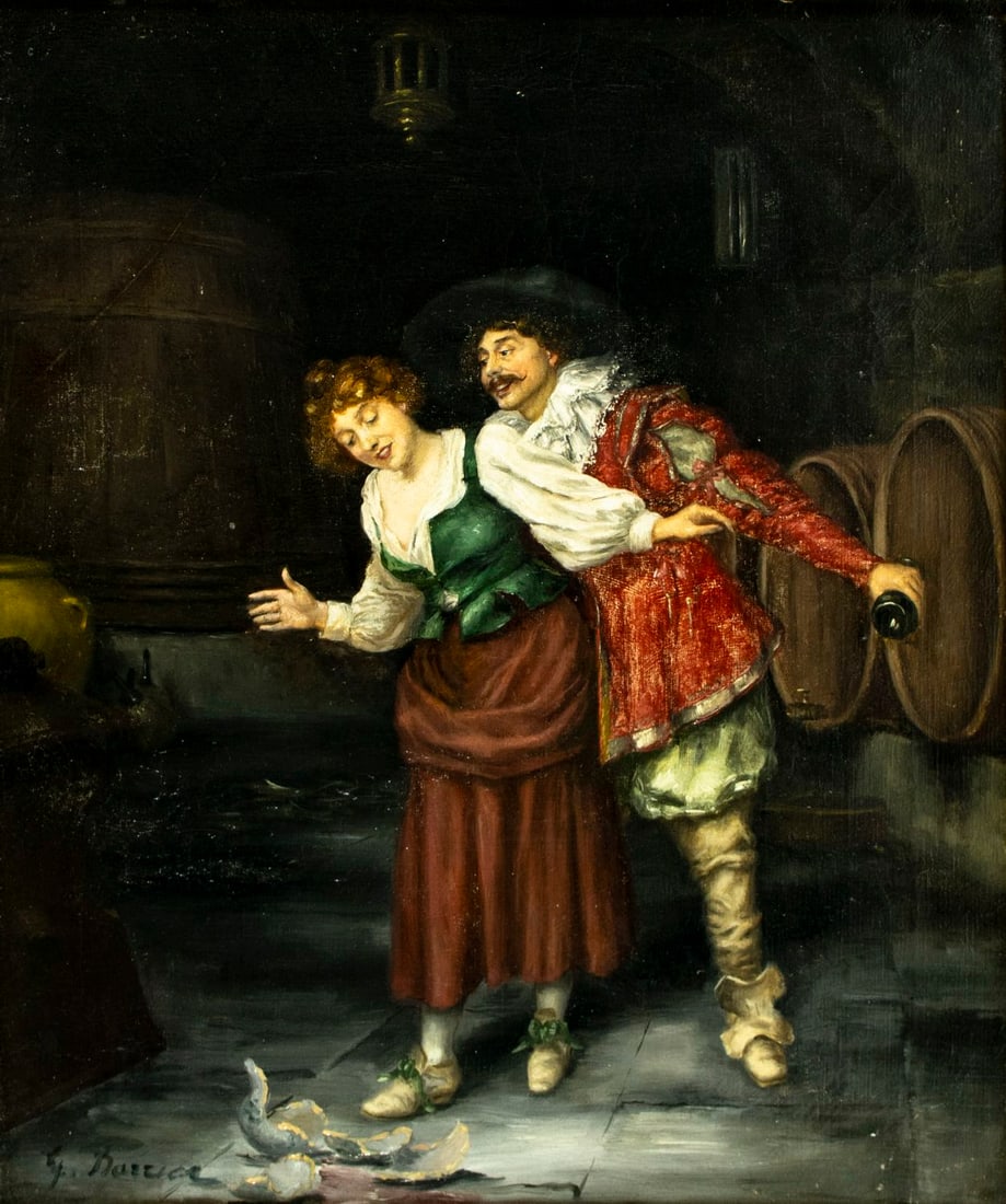Gustave Barrier (France,1871-1953) oil painting: ARTIST: Gustave Barrier (French, 1871 - 1953) TITLE: Courting Couple in Wine Cellar MEDIUM: oil on canvas CONDITION: Some small paint losses. Minor craquelure. Some scattere