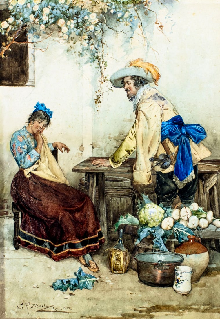 Gian Carlo Polidori (Italy,1895-1962) watercolor painting: ARTIST: Gian Carlo Polidori (Italian, 1895 - 1962) TITLE: Courting Couple YEAR: 1892 MEDIUM: watercolor on paper. Paper applied to board. CONDITION: S
