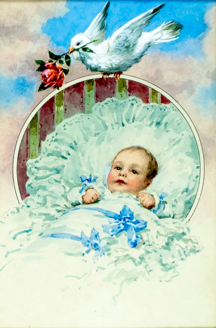Antique early 20C American watercolor painting: ARTIST: - (early 20 century) TITLE: Portrait of Baby with Dove MEDIUM: watercolor on paper CONDITION: Some age toning. Framed under glass. Wear to frame. ART SI